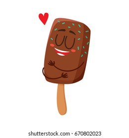 Funny smiling ice cream on stick, popsicle character hugging itself in love, cartoon style vector illustration isolated on white background. Cute smiley chocolate ice cream on stick character