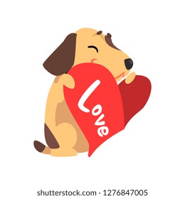 Funny smiling Jack Russell Terrier dog holding red heart, cute Valentine animal character vector Illustration