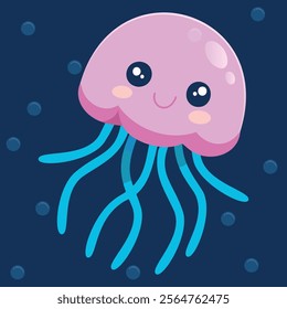 Funny smiling jellyfish isolated. Cute underwater pink animal with eight tentacles. Childish character. Cute baby jellyfish flat cartoon vector. Deep sea jellyfish mascot.