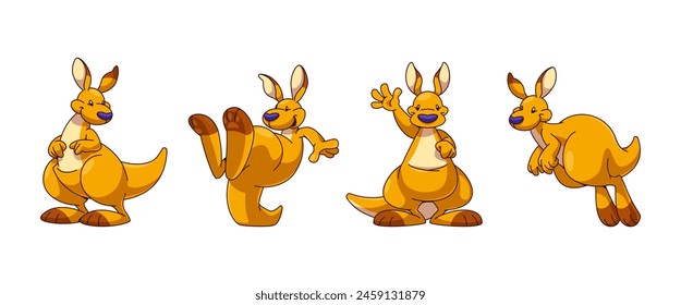 Funny smiling kangaroo character in different poses and face emotions. Cartoon vector set of happy australian animal wallaby with pouch standing, waving hand while welcome, stand on tail and jump.