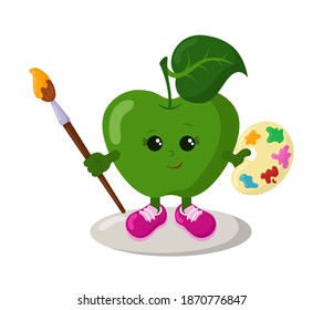 Funny smiling kawaii artist apple with palette and brush in doodle style. Isolated colored cheerful fruit cartoon vector illustration in flat design with shadows