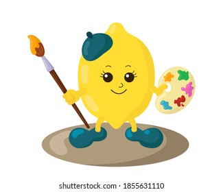 Funny smiling kawaii artist lemon with palette and brush in doodle style. Isolated colored cheerful fruit cartoon vector illustration in flat design with shadows