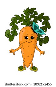 Funny smiling kawaii carrot with butterfly in doodle style. Isolated cartoon vector illustration in flat design with shadows