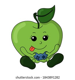 Funny smiling kawaii playing apple with game controller in doodle style. Isolated colored cartoon vector illustration
