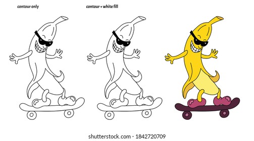 Funny smiling kawaii stripping banana with sunglasses and skateboard in doodle style. Isolated colored cheerful vector illustration