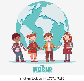 Niños divertidos y sonrientes. Niños y niñas cogidos de la mano. Los niños se hacen amigos. De vuelta al concepto de vector escolar. Niños y niñas felices con libros