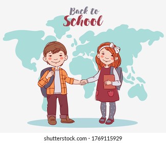 Funny, smiling kids. Boys and girls holding hands. Children becoming friends. Back to school vector concept. Happy boys and girls with books