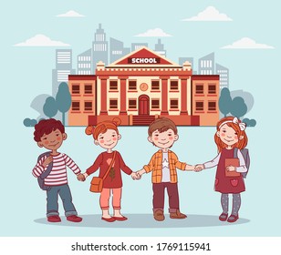 Funny, smiling kids. Boys and girls holding hands. Children becoming friends. Back to school vector concept. Happy boys and girls with books