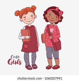Funny, smiling kids. Children becoming friends. Back to school vector concept. Happy girls with books