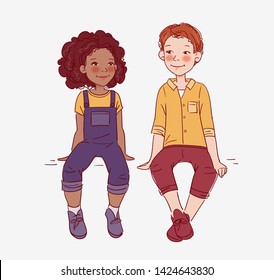 Funny, smiling kids. Children becoming friends. Back to school vector concept. Happy boy and girl