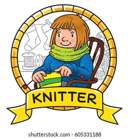 Funny smiling knitter. Woman, sitting in a rocking chair, knitting a scarf, surrounded by yarn. Profession ABC series. Children vector illustration. Emblem in frame with cartoosh