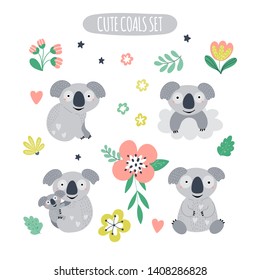 Funny smiling koalas and tropical plants set. Hand drawn cartoon animal character for kids. Funny cliparts collection in vector.