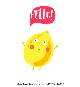 Funny smiling lemon. Fruit says hello. Talking emotional fruit. Smiling face food characters. Hand drawn kids illustration. Vector food background. Pencil texture.