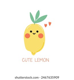 Funny smiling lemon with hearts cartoon illustration on a white background. Vector background for children. Can be used for card or kids wear.