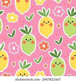 Funny smiling lemon and lime stickers seamless pattern on a pink background. Vector background for children. Can be used for fashion print design, kids wear, decoration, wallpaper.