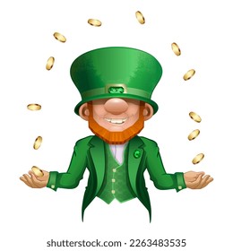 Funny smiling leprechaun juggles gold coins, cartoon folk character of ireland legends and st patrick's day festivals character