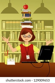 Funny smiling librarian balancing a stack of books on her head