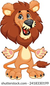 Funny smiling lion with open arms. Vector cartoon isolated character with transparent background.
