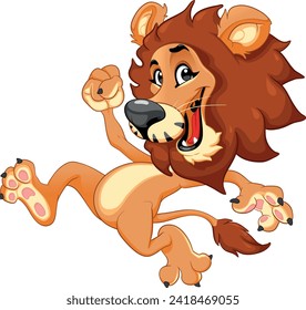 Funny smiling lion running. Vector cartoon isolated character with transparent background.
