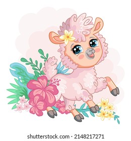 Funny smiling llama character with exotic plants and flowers. Cute alpaca in cartoon style. Vector isolated illustration. For card, poster,design, stickers, room decor, t-shirt, kids apparel.