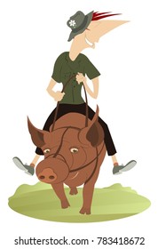 Funny smiling man in the hat with flower rides on the fat pig vector illustration 