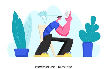 Funny Smiling Man Sitting at Chair with Cards in Hand. Young Male Character Having Good Time Playing Board Desktop or Tabletop Games at Home, Leisure Activity, Gaming. Cartoon Flat Vector Illustration