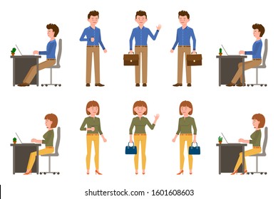 Funny, Smiling Man And Woman Vector Illustration. Waving Hello, Standing Side View With Coffee, Sitting At Desk, Typing On Laptop Male And Female Cartoon Character Set