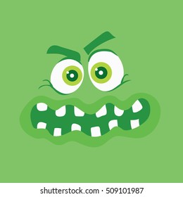 Funny smiling monster. Smile character. Happy germ with tooth. Monster with big eyes and mouth. Vector cartoon funny bacteria illustration in flat style design. Friendly virus. Microbe face