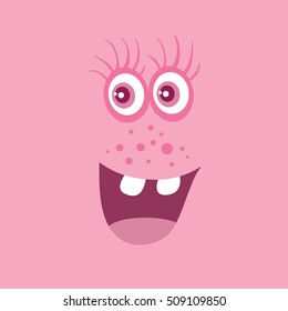 Funny smiling monster. Smile character. Happy germ with tooth. Monster with big eyes and mouth. Vector cartoon funny bacteria illustration in flat style design. Friendly virus. Microbe face