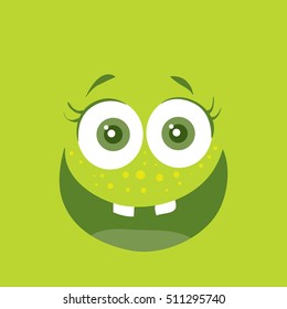 Funny smiling monster. Smile character. Happy germ with tooth. Monster with big eyes and mouth. Vector cartoon funny bacteria illustration in flat style design. Friendly virus. Microbe face