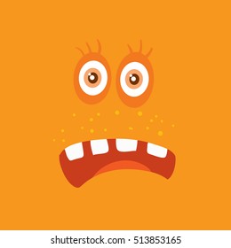Funny smiling monster. Smile character. Happy germ with tooth. Monster with big eyes and mouth. Vector cartoon funny bacteria illustration in flat style design. Friendly virus. Microbe face