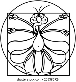 Funny smiling mosquito with four arms, four wings and four legs while posing inside a circle and a square
