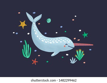 Funny smiling narwhal isolated on dark background. Happy ocean animal, joyful wild marine mammal, pretty sea world dweller, cute underwater creature. Flat cartoon childish vector illustration.