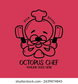 FUNNY SMILING OCTOPUS CHEF LINE ART CARTOON LOGO