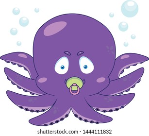 Funny smiling octopus with dummy isolated on white. Vector