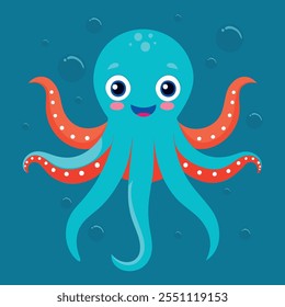 Funny smiling octopus isolated. Cute underwater pink animal with eight tentacles. Childish character. Cute baby octopus flat cartoon vector.