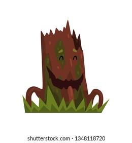 Funny smiling old tree stump character with funny face vector Illustration on a white background