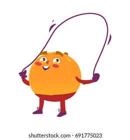 Funny smiling orange character doing sport exercises with jumping rope, comic, cartoon vector illustration isolated on white background. Funny orange hero, character training with jumping rope