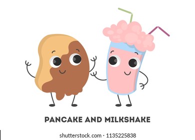 Funny smiling pancake and milkshake characters with faces are the best friends standing together. Fast food concept. Isolated vector illustration in cartoon style