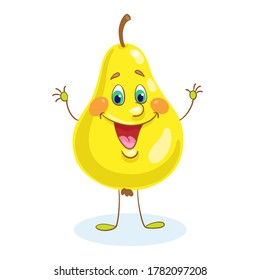 Divertida pera sonriente.  Al estilo de las caricaturas. Aislado sobre fondo blanco. Ilustración plana vectorial.