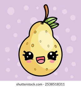  Funny smiling pear character in kawaii style. Cute fruit vector illustration