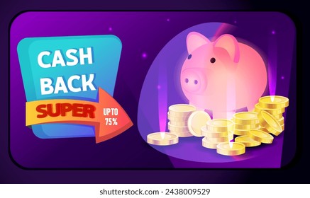 Funny smiling piggy bank standing on stack of coins. Concept of money saving, economy. Cash back super sign. Life within means. Dark purple background. Vector illustration