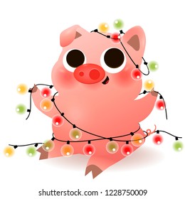Funny smiling piggy sitting with garland card