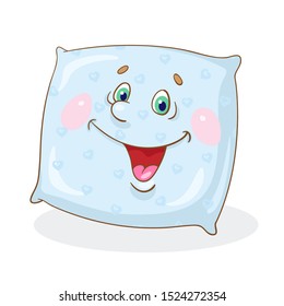 Funny smiling pillow in cartoon style. Isolated on a white background.  Vector illustration