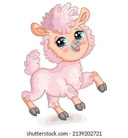 Funny smiling pink llama character. Cute animal in cartoon style. Vector illustration isolated on white background. For card, poster,design, stickers, room decor, t-shirt, kids apparel.