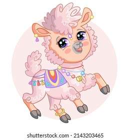 Funny smiling pink llama character. Cute animal in cartoon style. Vector illustration isolated on pink background. For card, poster,design, stickers, room decor, t-shirt, kids apparel.