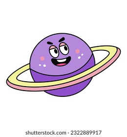 Funny smiling planet sticker. Planet character isolated on white background. Vector illustration in cartoon style