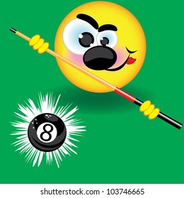 Funny smiling pool ball on the green background