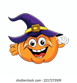 funny smiling pumpkin with a cheerful face and black witch hat. Illustration of a cute orange vegetable. Isolated vector clip art with a glowing gourd for Halloween