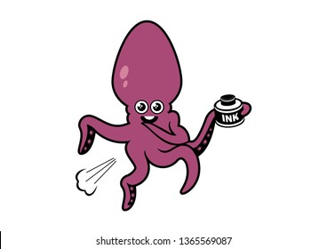 Funny smiling purple octopus vector illustration. Octopus with ink cartoon character. Purple squid icon isolated on white background. Cheerful farting octopus cartoon character